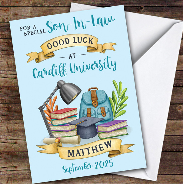 Personalized Off To University Card For Son-In-Law Blue Book Backpack