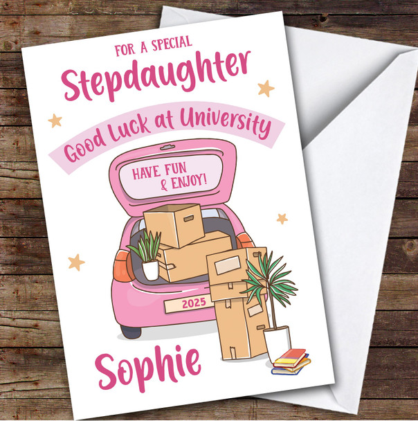 Personalized Off To University Card For Stepdaughter Pink Car Moving Boxes