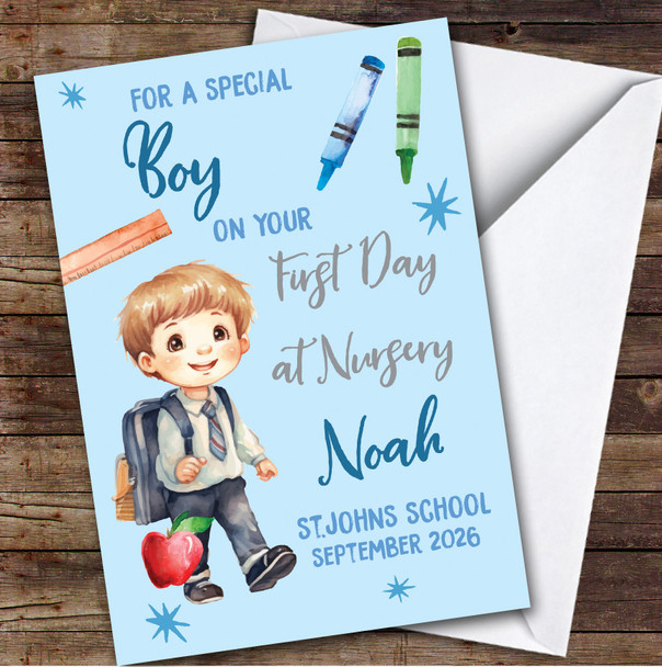 Personalized First Day Of Nursery Card For Anyone Boy Blue