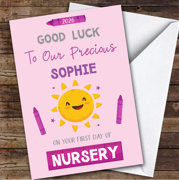 Personalized First Day Of Nursery Card For Anyone Sun Pink Crayon
