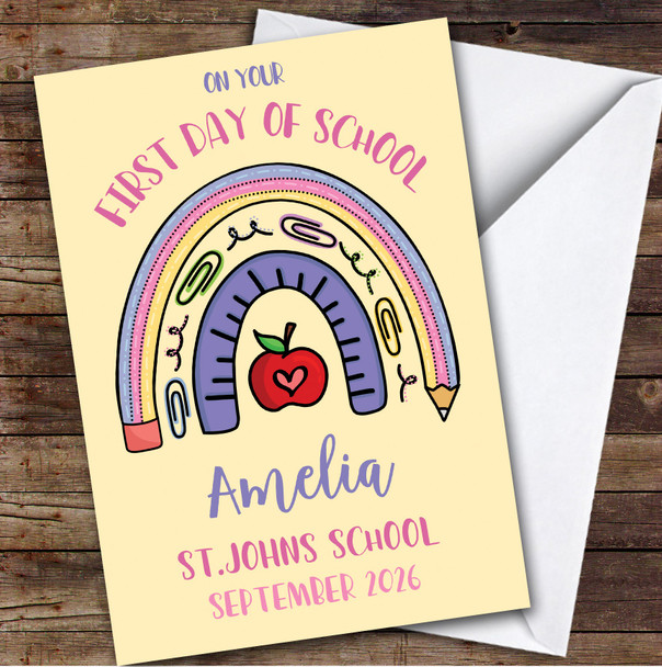 Personalized First Day Of School Card For Anyone Rainbow Pencil Yellow
