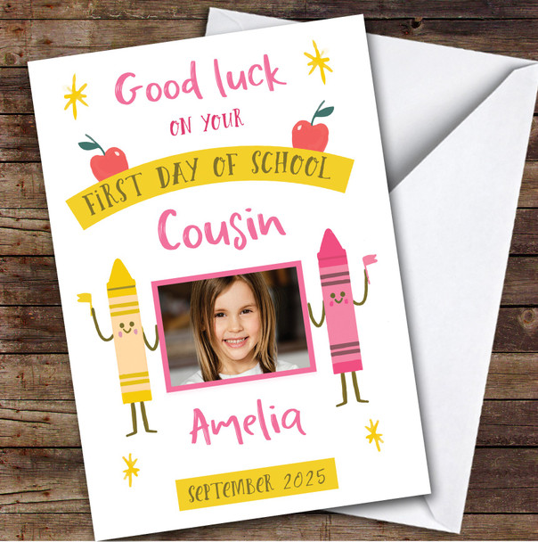Personalized First Day Of School Card For Cousin Photo Pink Yellow Crayon