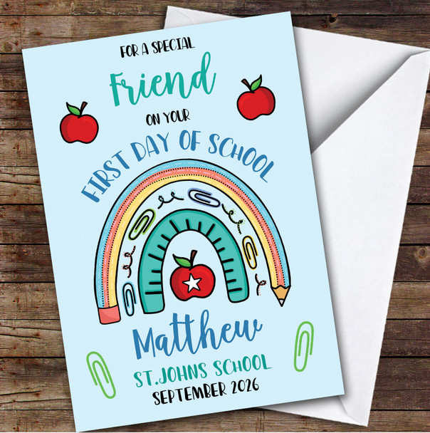 Personalized First Day Of School Card For Friend Rainbow Pencil Blue