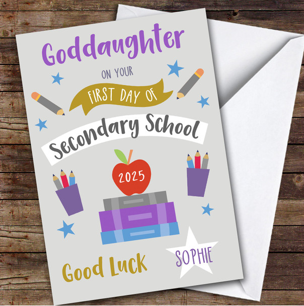 Personalized First Day Of School Card For Goddaughter Secondary Grey