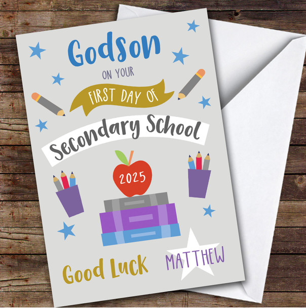 Personalized First Day Of School Card For Godson Secondary Grey