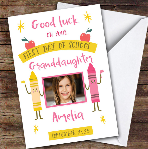 Personalized First Day Of School Card For Granddaughter Photo Pink Yellow Crayon