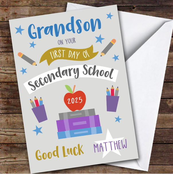 Personalized First Day Of School Card For Grandson Secondary Grey