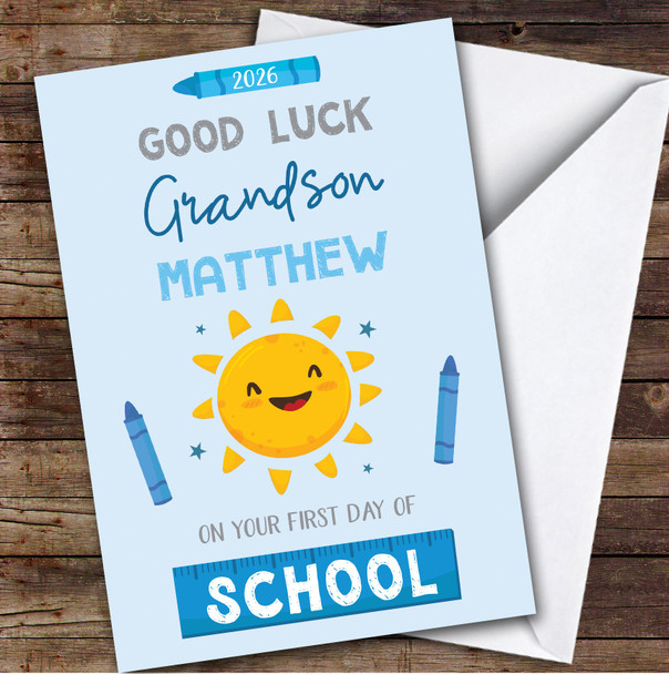 Personalized First Day Of School Card For Grandson Sun Blue Crayon