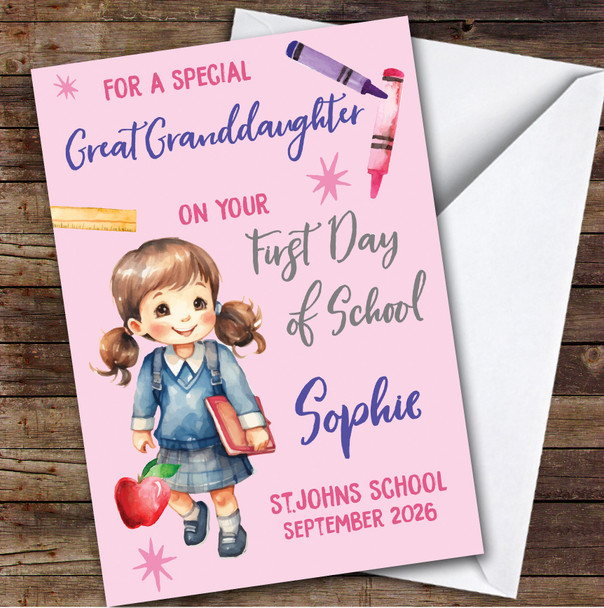 Personalized First Day Of School Card For Great Granddaughter School Card Pink