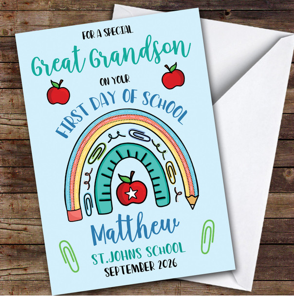 Personalized First Day Of School Card For Great Grandson Rainbow Pencil Blue