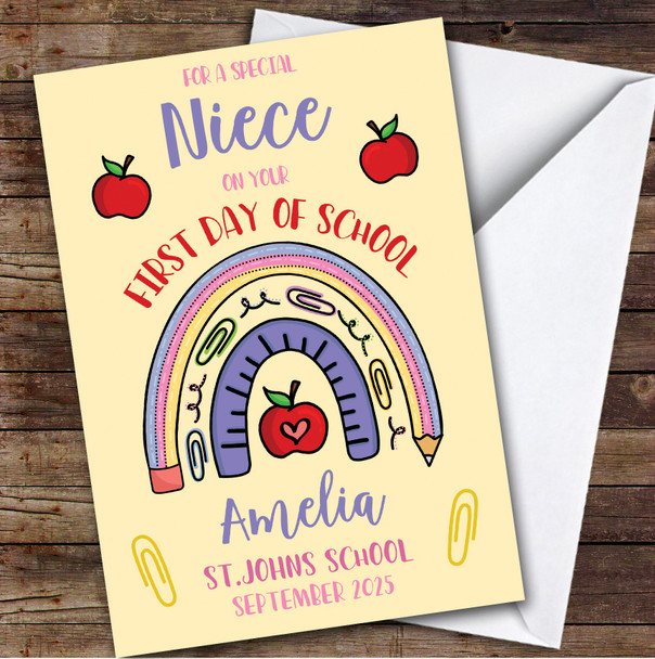 Personalized First Day Of School Card For Niece Rainbow Pencil Yellow