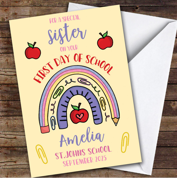 Personalized First Day Of School Card For Sister Rainbow Pencil Yellow