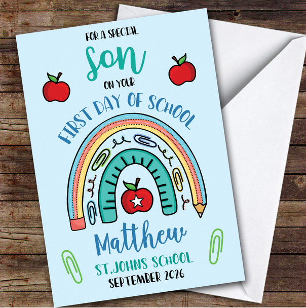 Personalized First Day Of School Card For Son Rainbow Pencil Blue
