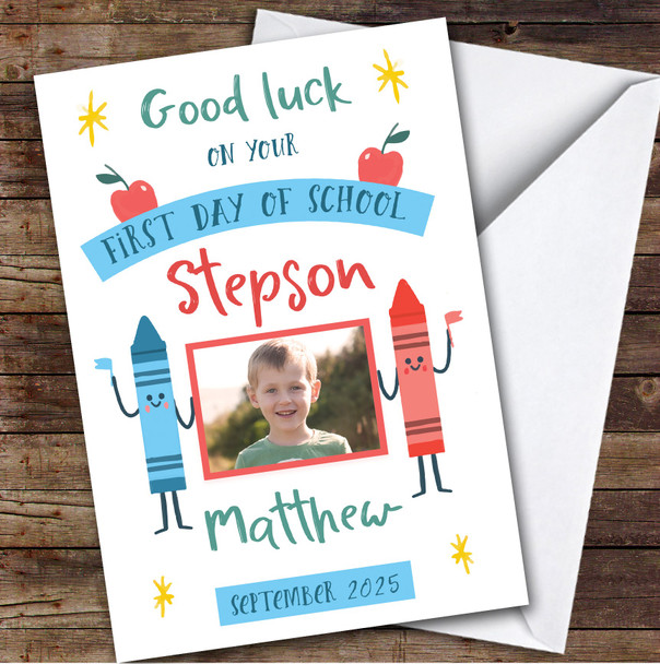 Personalized First Day Of School Card For Stepson Photo Blue Red Crayon