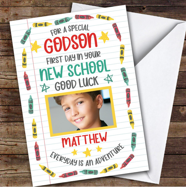 Personalized Going To New School Card For Godson Photo Crayons