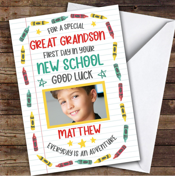 Personalized Going To New School Card For Great Grandson Photo Crayons