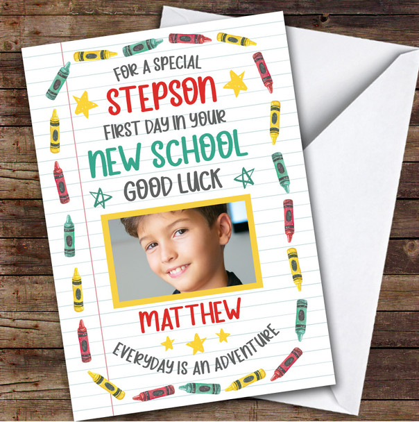 Personalized Going To New School Card For Stepson Photo Crayons