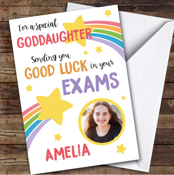 Personalized Good Luck In Exams Card For Goddaughter Photo Rainbow Star
