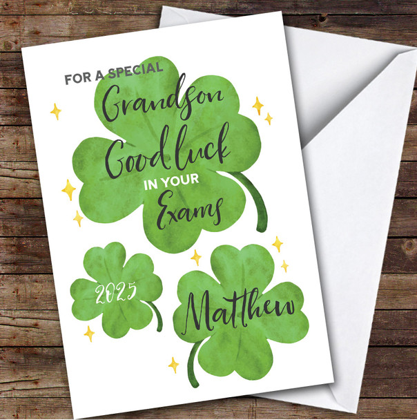 Personalized Good Luck In Exams Card For Grandson Lucky Clover