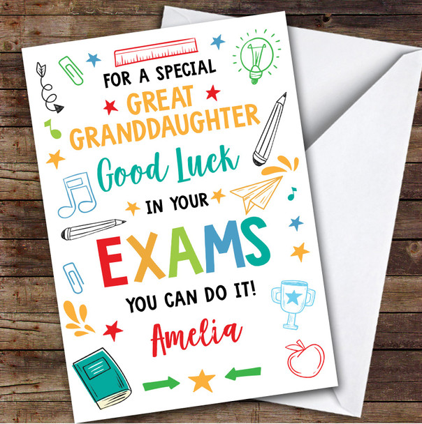 Personalized Good Luck In Exams Card For Great Granddaughter Bright Doodle