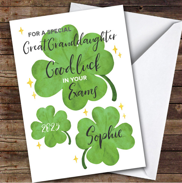 Personalized Good Luck In Exams Card For Great Granddaughter Lucky Clover