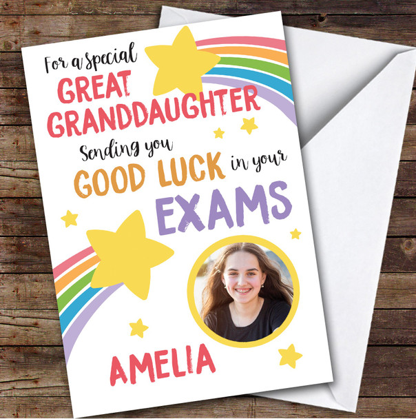 Personalized Good Luck In Exams Card For Great Granddaughter Photo Rainbow Star