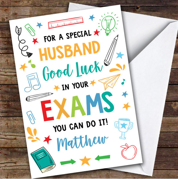Personalized Good Luck In Exams Card For Husband Bright Doodle