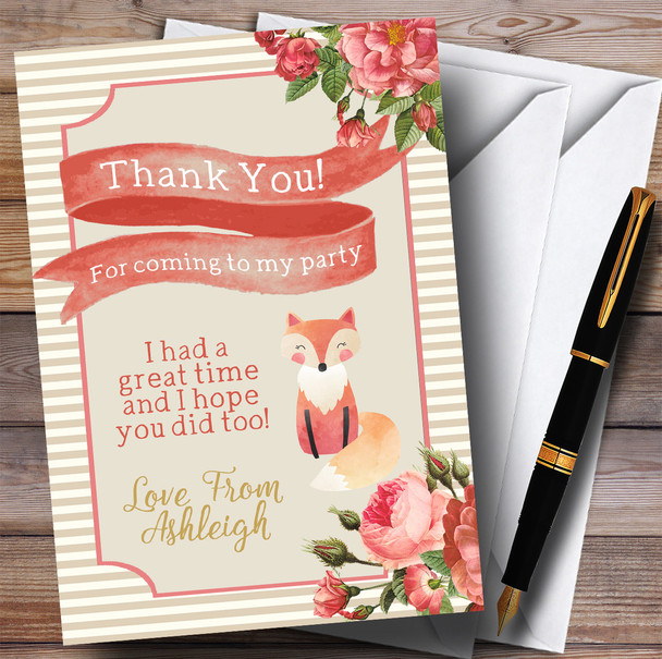 Stripy Floral Pink Gold Fox Party Thank You Cards