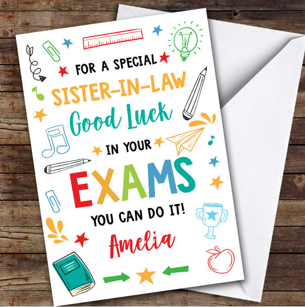 Personalized Good Luck In Exams Card For Sister-In-Law Bright Doodle
