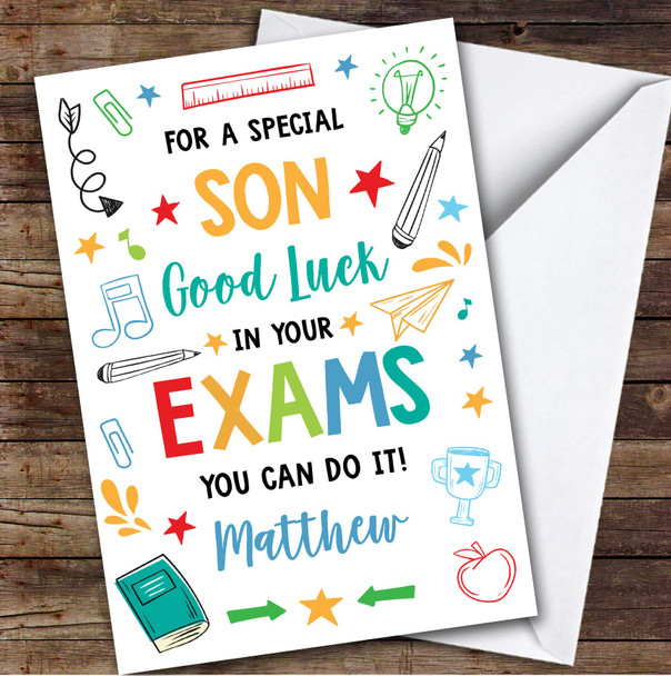 Personalized Good Luck In Exams Card For Son Bright Doodle