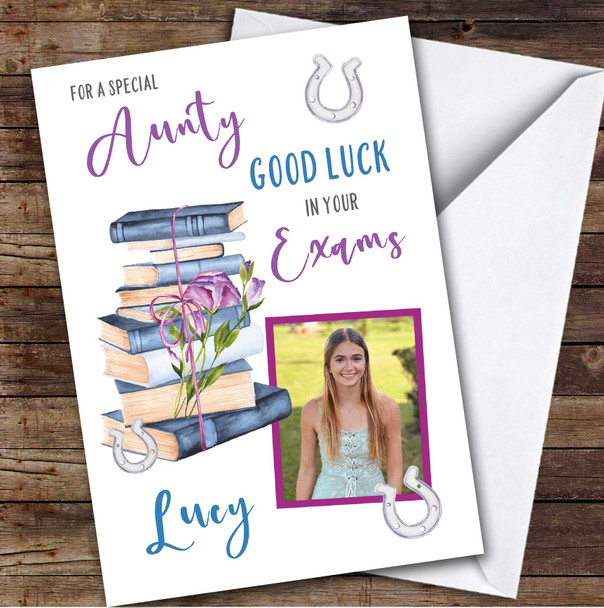 Personalized Good Luck In Your Exams Card For Aunty Photo Purple Books