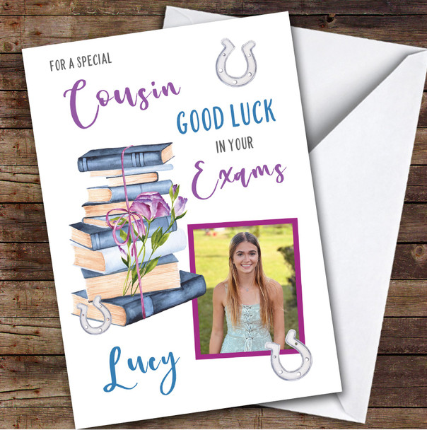 Personalized Good Luck In Your Exams Card For Cousin Photo Purple Books