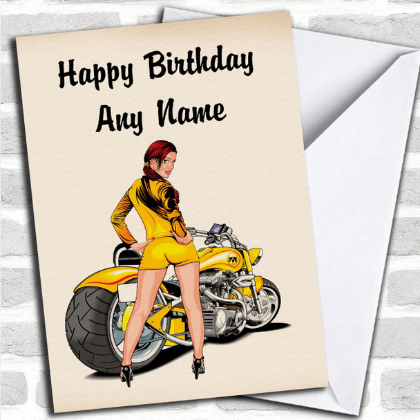Motorbike And Sexy Lady Yellow Personalized Birthday Card