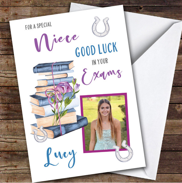 Personalized Good Luck In Your Exams Card For Niece Photo Purple Books