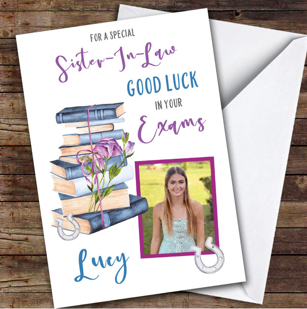 Personalized Good Luck In Your Exams Card For Sister-In-Law Photo Purple Books