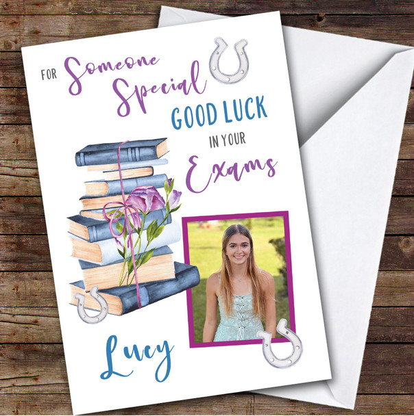 Personalized Good Luck In Your Exams Card For Someone Special Photo Purple Books