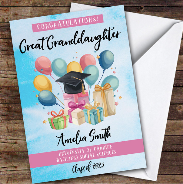 Personalized Graduation Card For Great Granddaughter Balloons Gift Blue