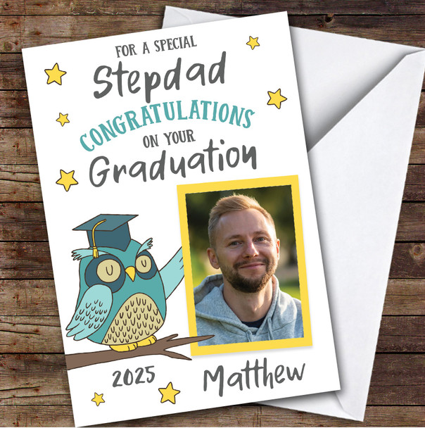 Personalized Graduation Card For Stepdad Photo Green Owl