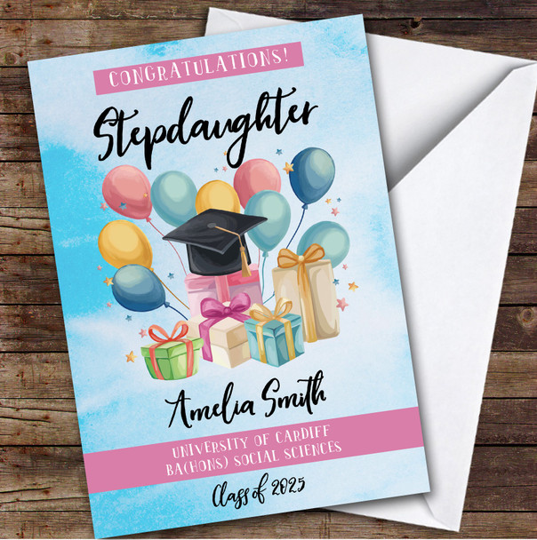 Personalized Graduation Card For Stepdaughter Balloons Gift Blue