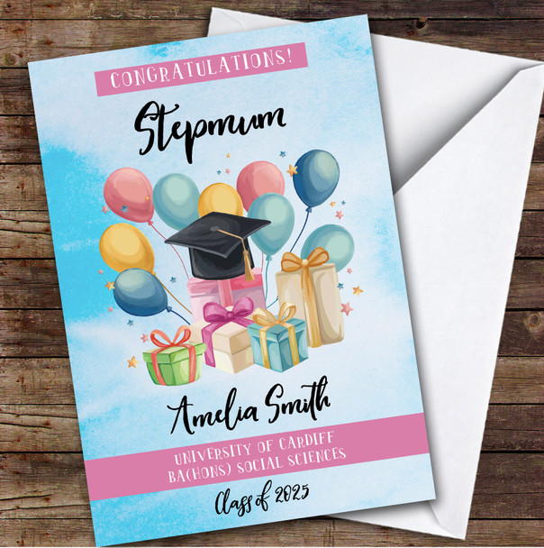 Personalized Graduation Card For Stepmum Balloons Gift Blue