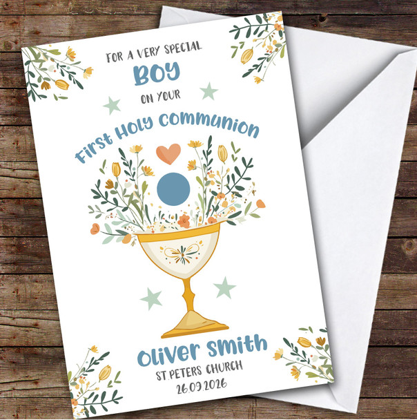 Personalized First Holy Communion Card For Anyone Boy Blue Chalice