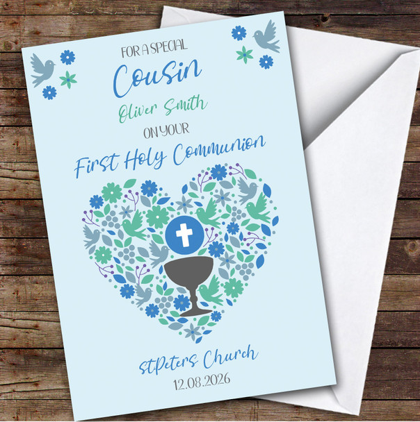 Personalized First Holy Communion Card For Cousin Boy Blue Heart