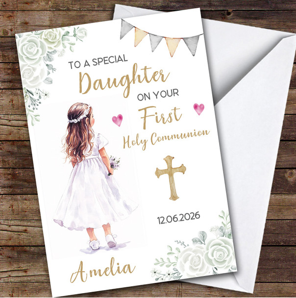 Personalized First Holy Communion Card For Daughter Little Girl White Flowers