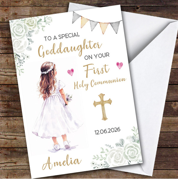 Personalized First Holy Communion Card For Goddaughter Little Girl White Flowers