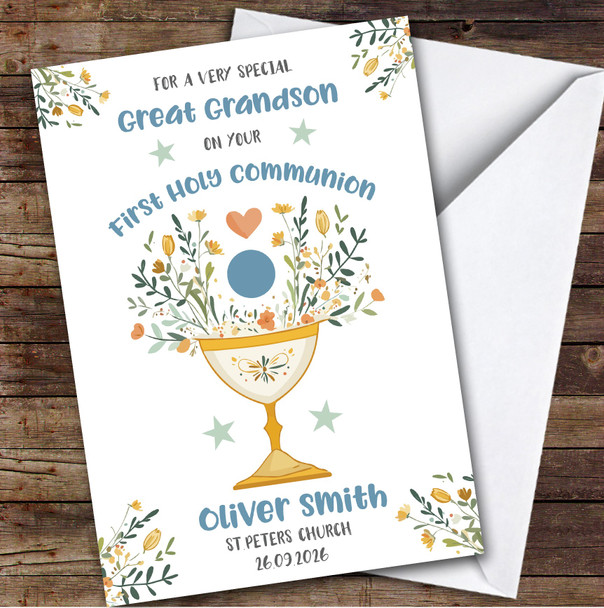 Personalized First Holy Communion Card For Great Grandson Blue Chalice