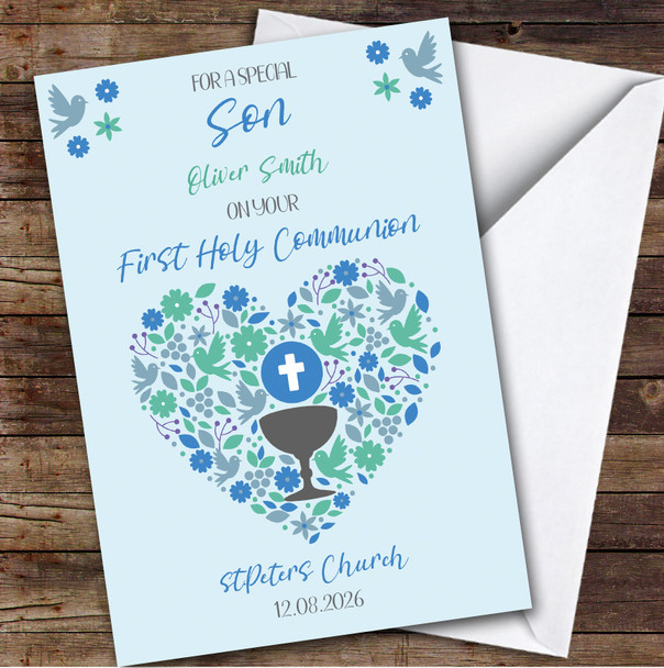 Personalized First Holy Communion Card For Son Blue Heart