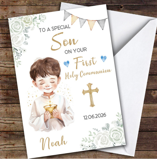 Personalized First Holy Communion Card For Son Little Boy White Flowers