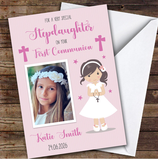Personalized First Holy Communion Card For Stepdaughter Photo Pink Girl