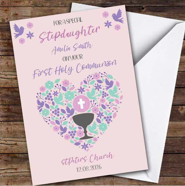 Personalized First Holy Communion Card For Stepdaughter Pink Heart