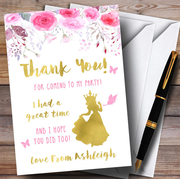 Watercolour Pink Gold Floral Princess Party Thank You Cards